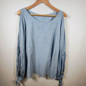 Luxe Moda Women's Medium Cold Shoulder Embellishment Blue Jean Blouse